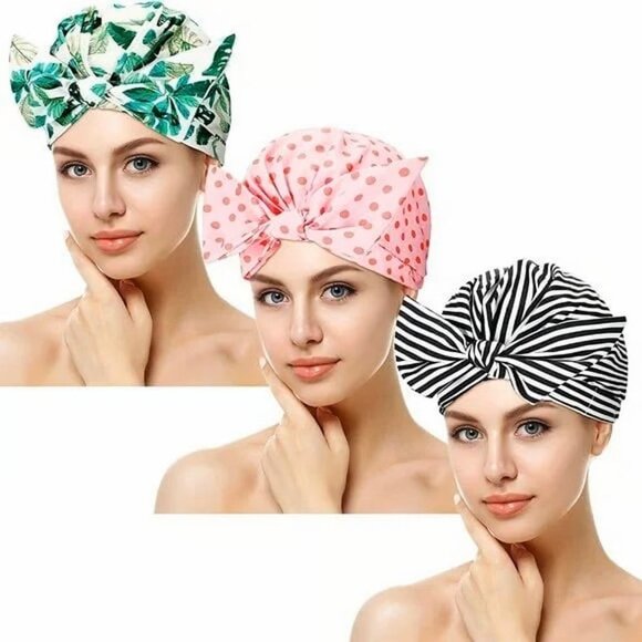 NEW 3 Pieces Luxury Waterproof Bowknot Bathing Reusable Shower Caps - Picture 1 of 5